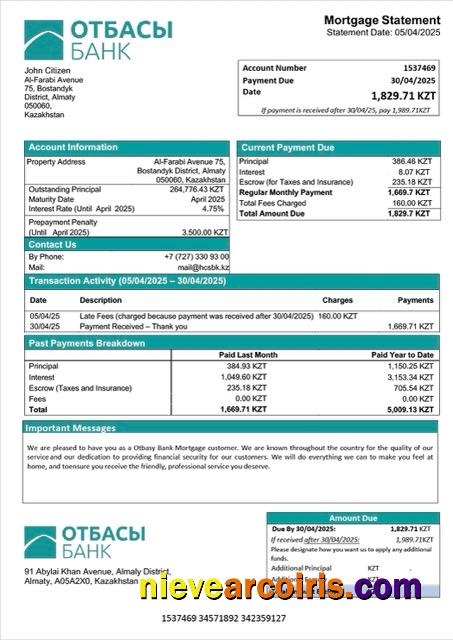 Kazakhstan Otbasy Bank mortgage statement Word and PDF template